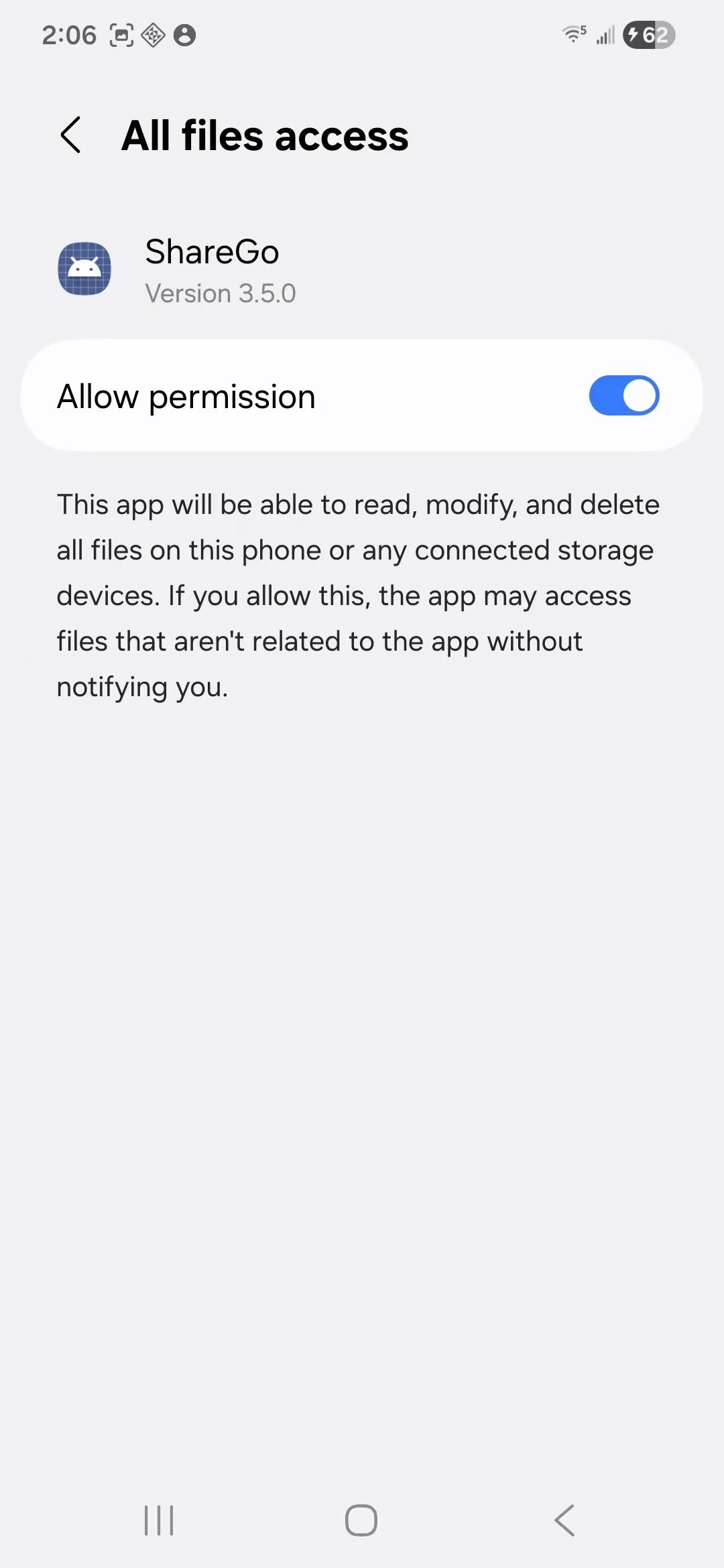 Android All files access system page for ShareGo with Allow permission switched on