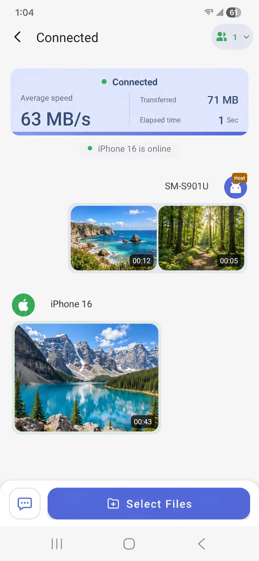Connected Android host showing videos sent to and received from iPhone in the same ShareGo session