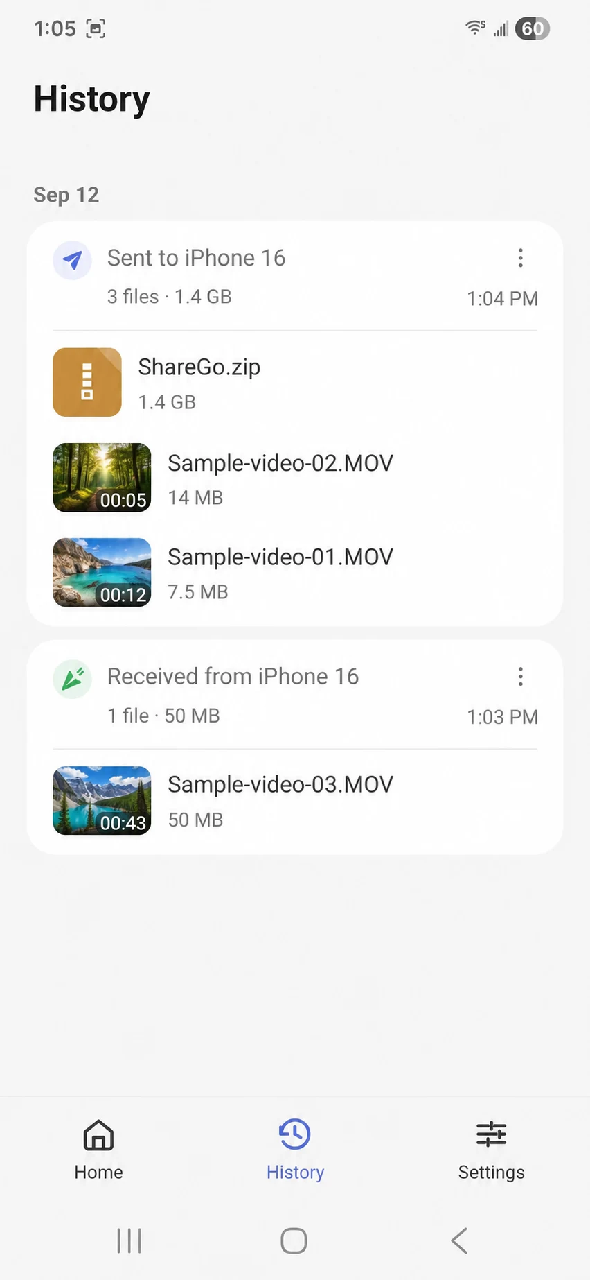 ShareGo History on Android with sent files above and a received video below; landscape previews replace personal media