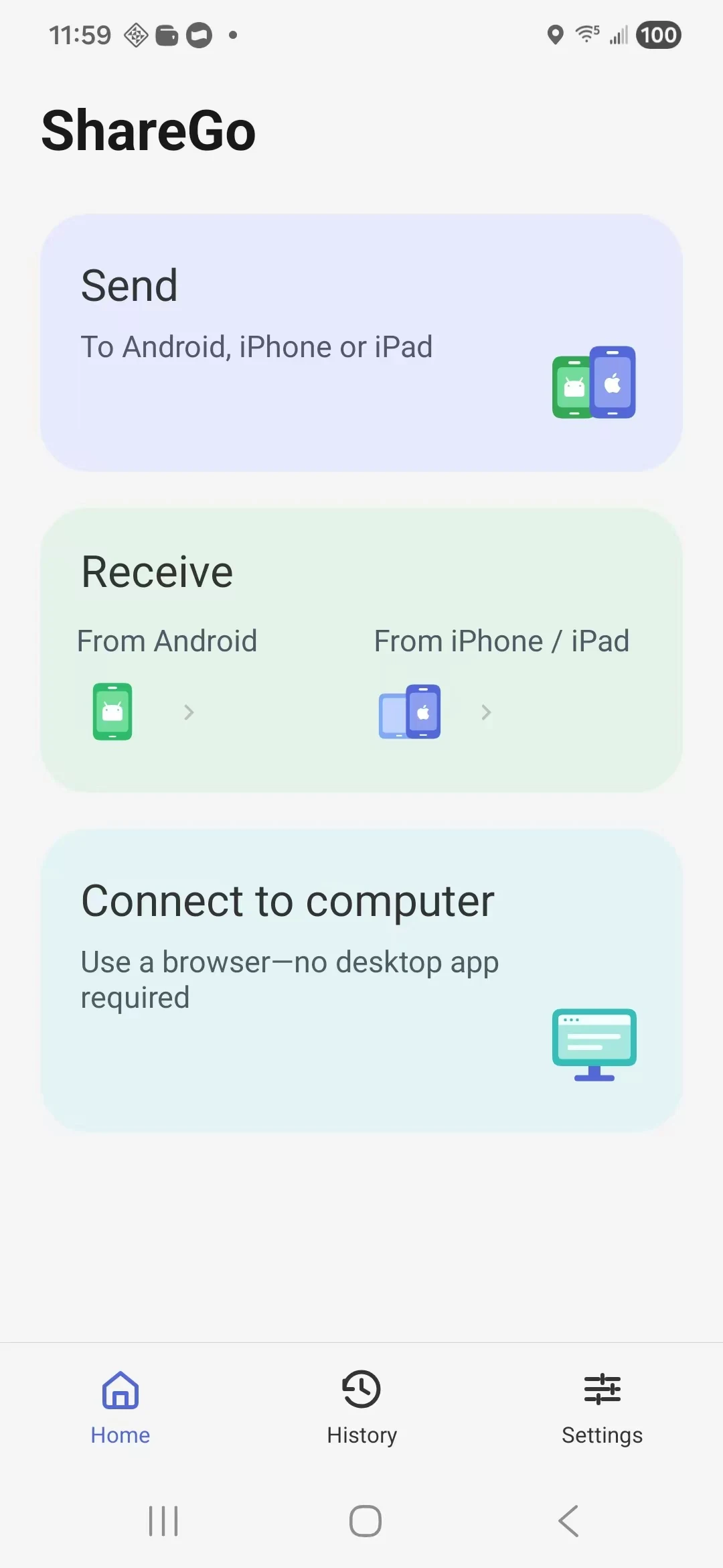 ShareGo Android home screen with Send, Receive options for Android and iPhone, and Connect to computer