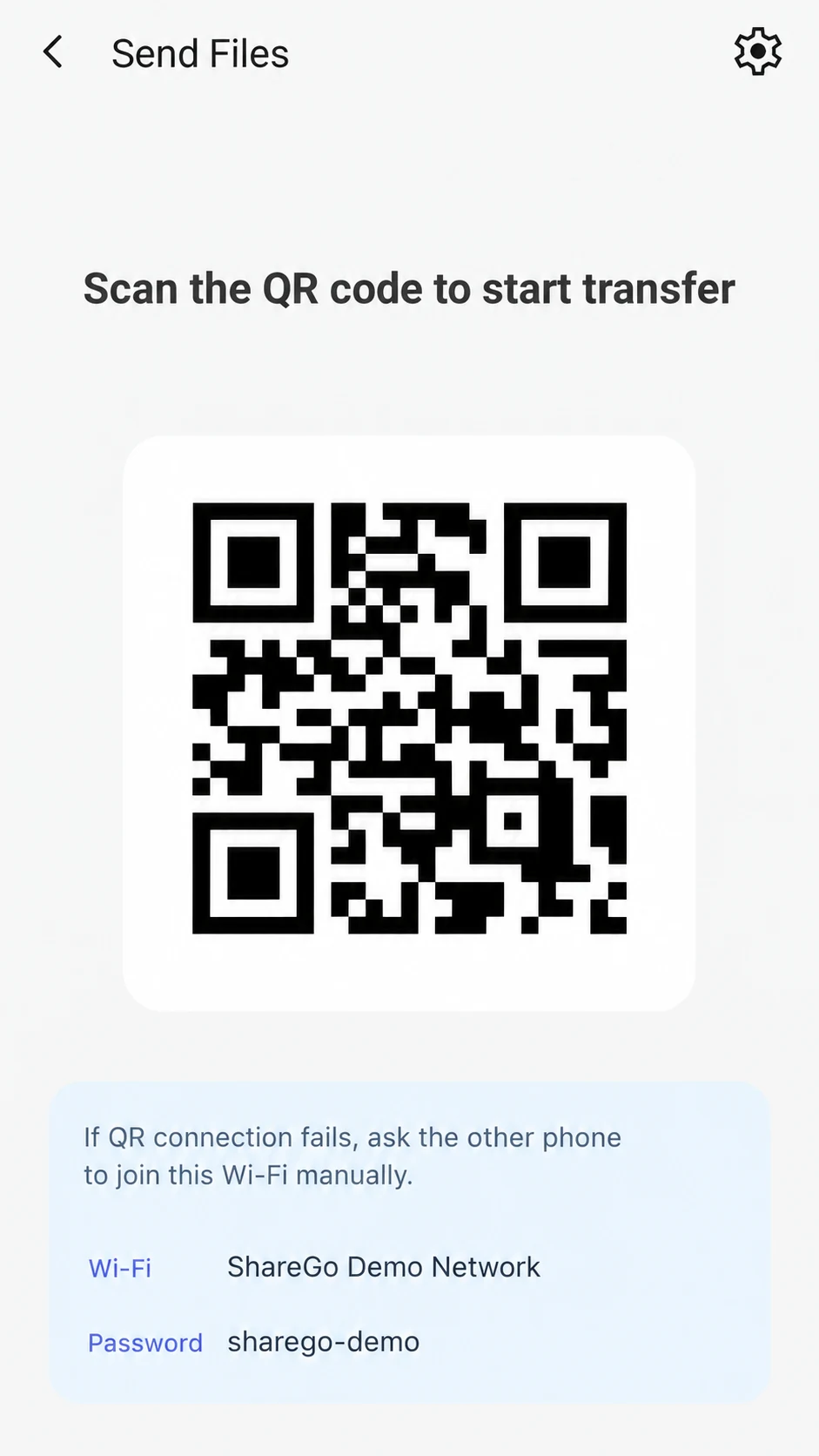 Android invitation illustration with a QR code and example Wi-Fi details from ShareGo store artwork