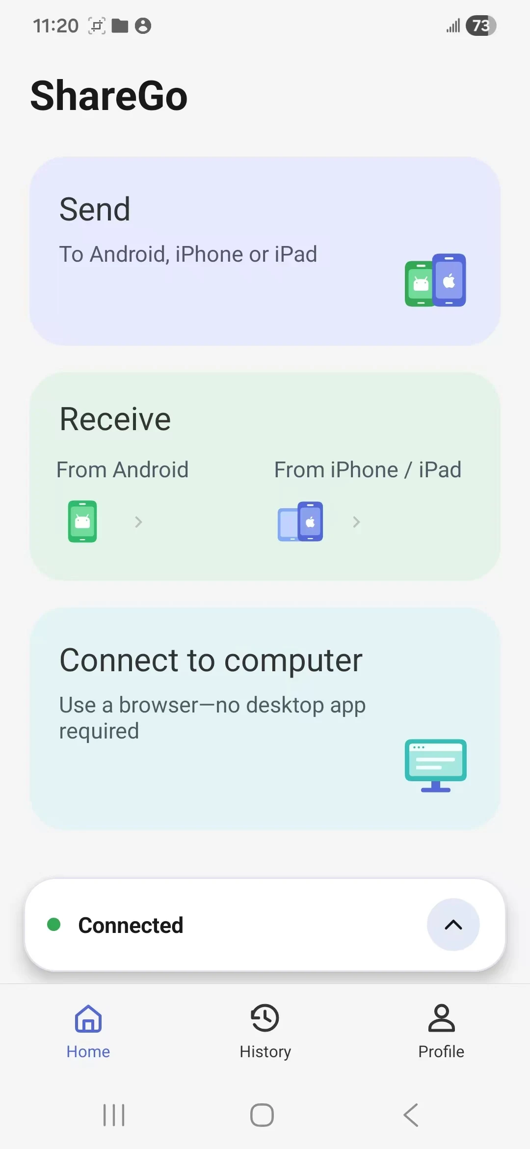 ShareGo Android home screen with a minimized Connected session card and an expand arrow above the bottom navigation