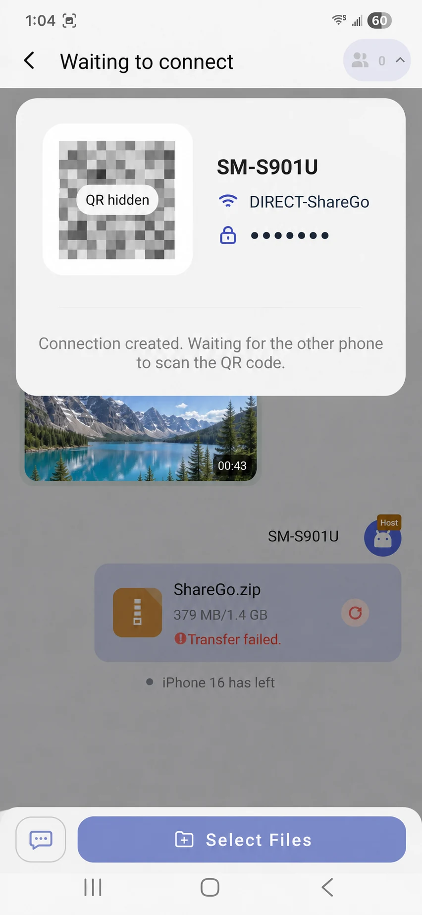 Android host waiting to connect after the iPhone leaves, with a failed file and a privacy-redacted invitation