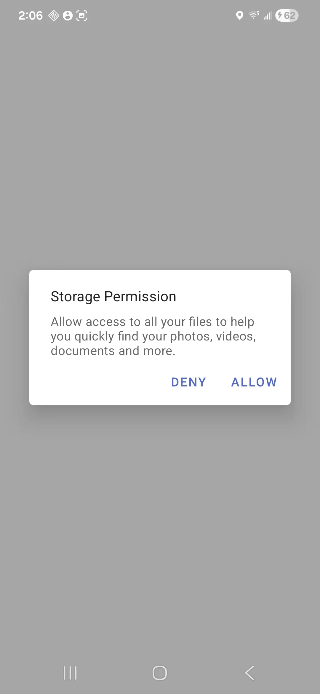 ShareGo Storage Permission explanation with Deny and Allow buttons before opening system settings