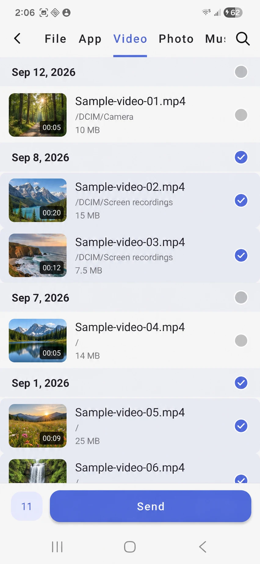 ShareGo Android video picker with checked videos, 11 selected items, and the Send button; previews and filenames use examples