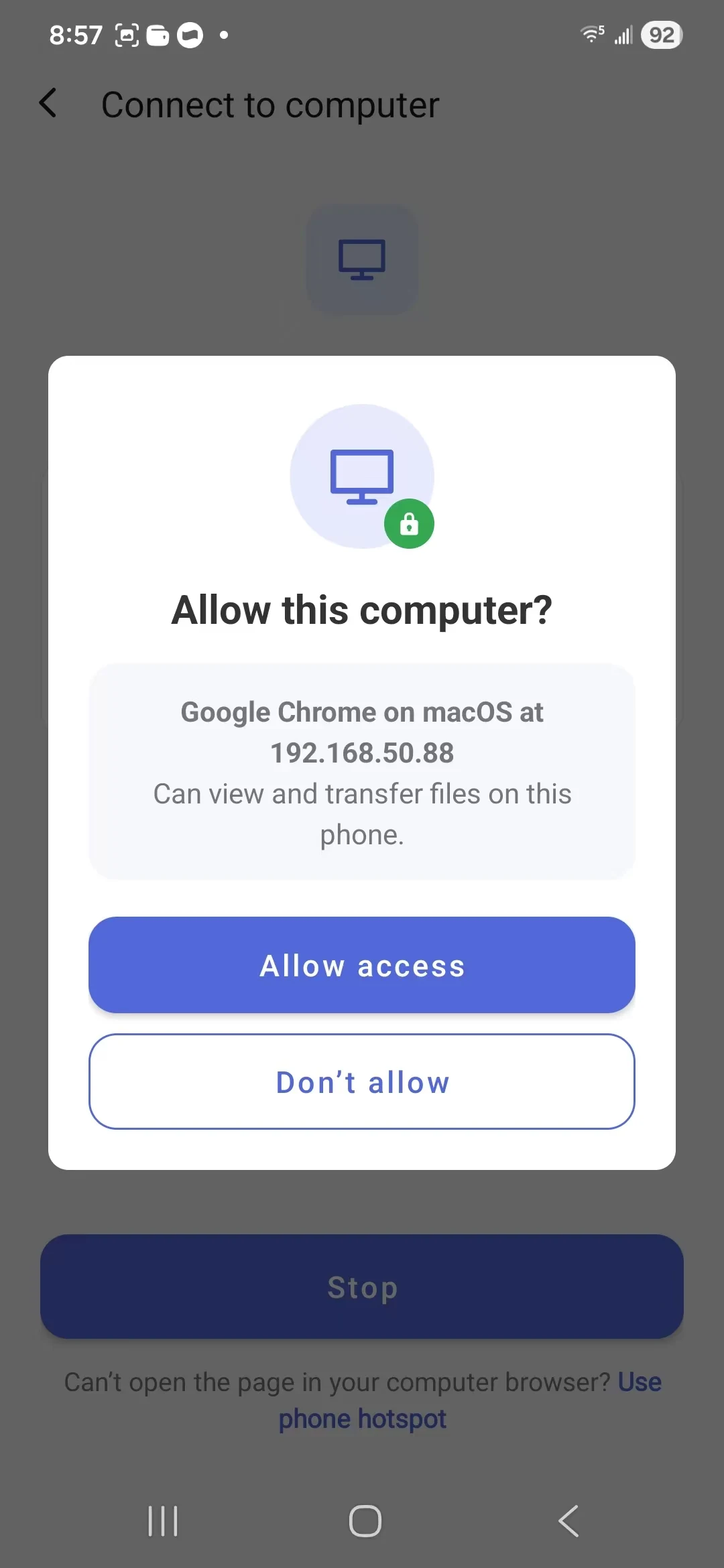 ShareGo Android asks Allow this computer, with Allow access and Don’t allow buttons