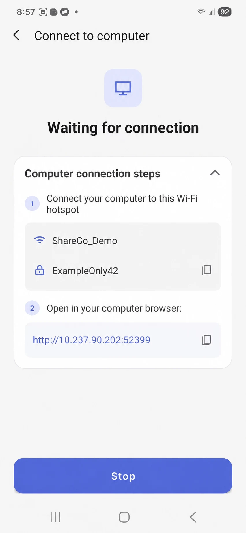 Android computer connection steps: join the phone hotspot, then open its browser address; hotspot credentials use examples