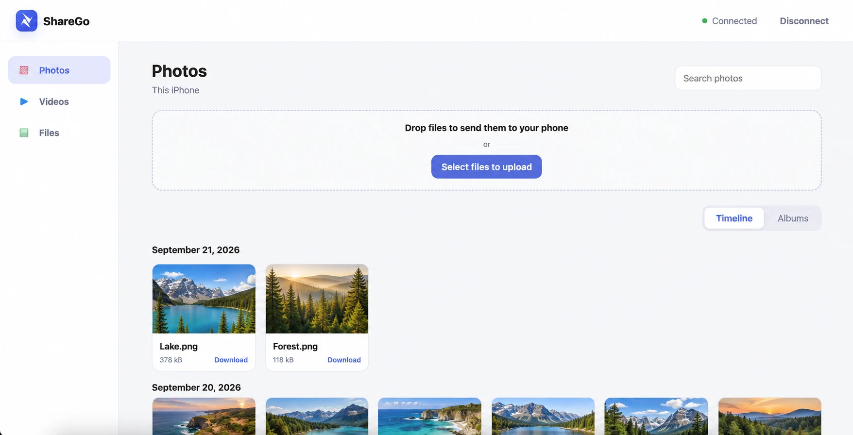 ShareGo in a computer browser connected to an iPhone, with an upload area and photo Download buttons; landscape images replace personal media