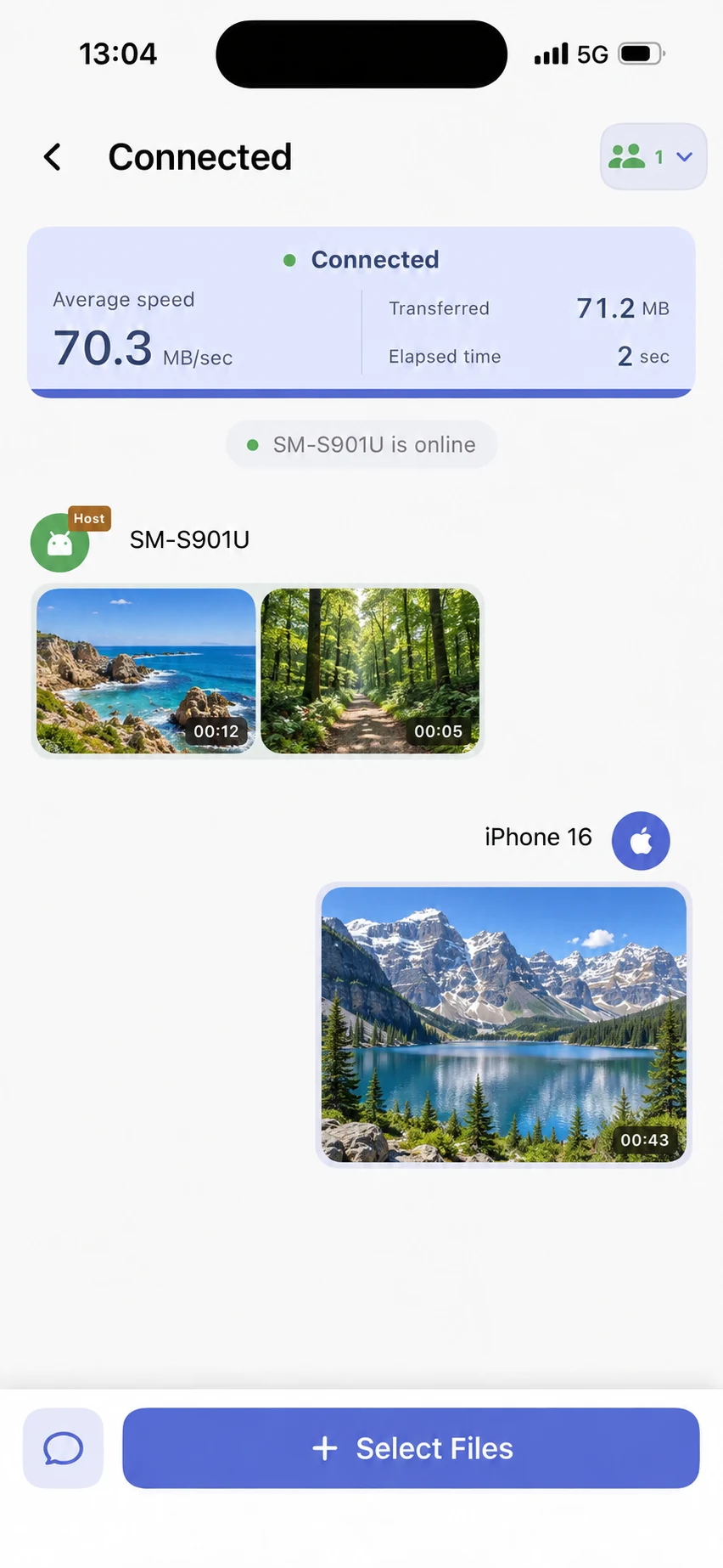 Connected ShareGo session on iPhone showing incoming and outgoing videos and the Select Files button