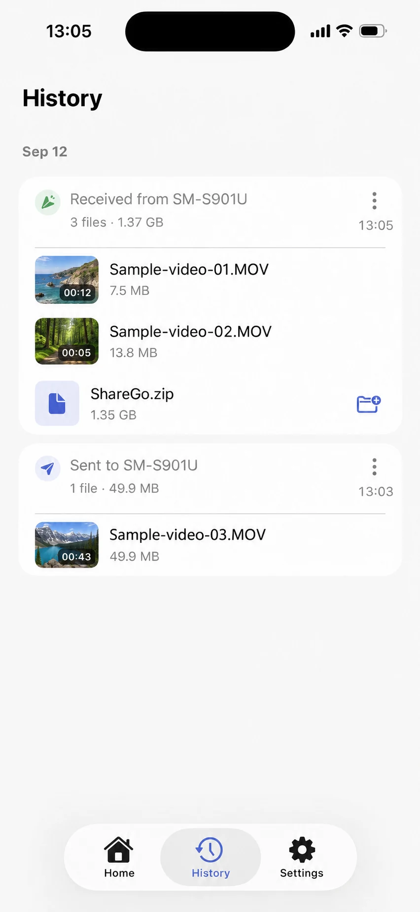 ShareGo History on iPhone showing separate received and sent file groups, with landscape previews replacing personal media