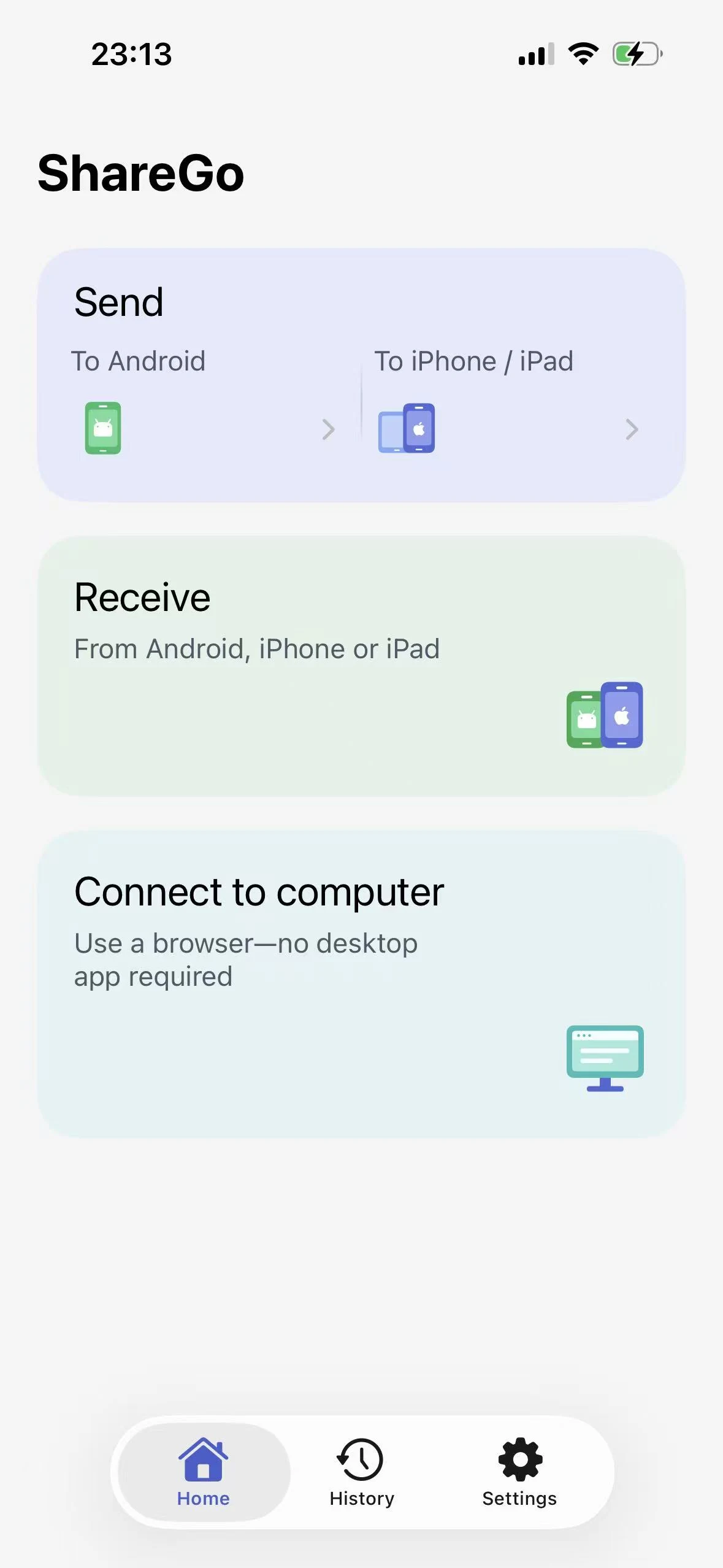 ShareGo iPhone home screen with Send, Receive, and Connect to computer