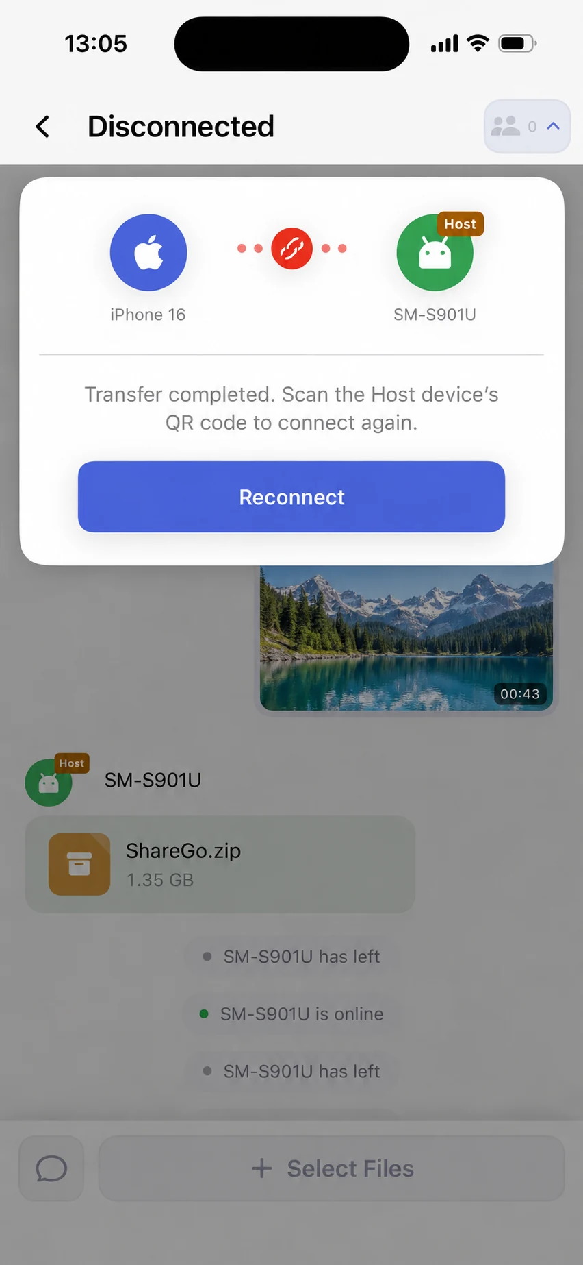 ShareGo after the Android host leaves, showing Disconnected and a Reconnect button