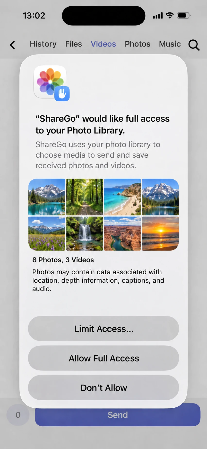 iPhone Photos permission prompt for ShareGo with Limit Access, Allow Full Access, and Don’t Allow choices