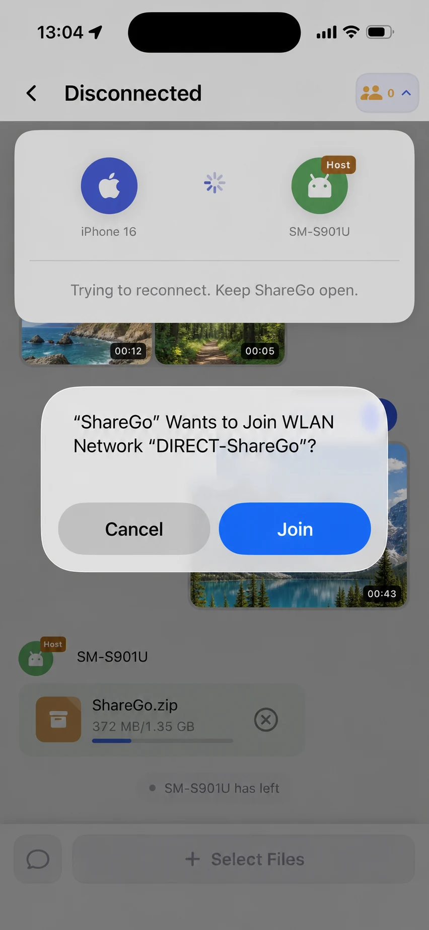 ShareGo trying to reconnect on iPhone while iOS asks to join the host’s WLAN network