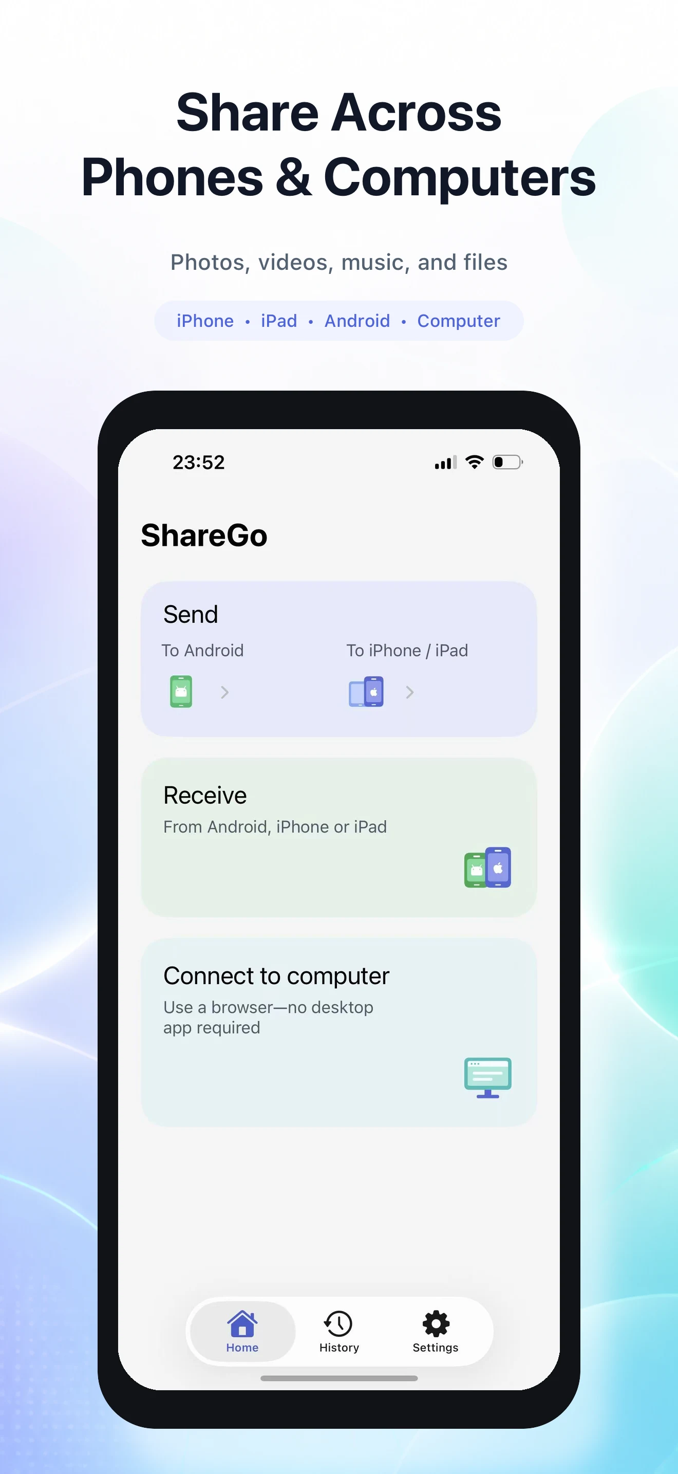 ShareGo iPhone store artwork showing Send, Receive, and browser-based computer sharing