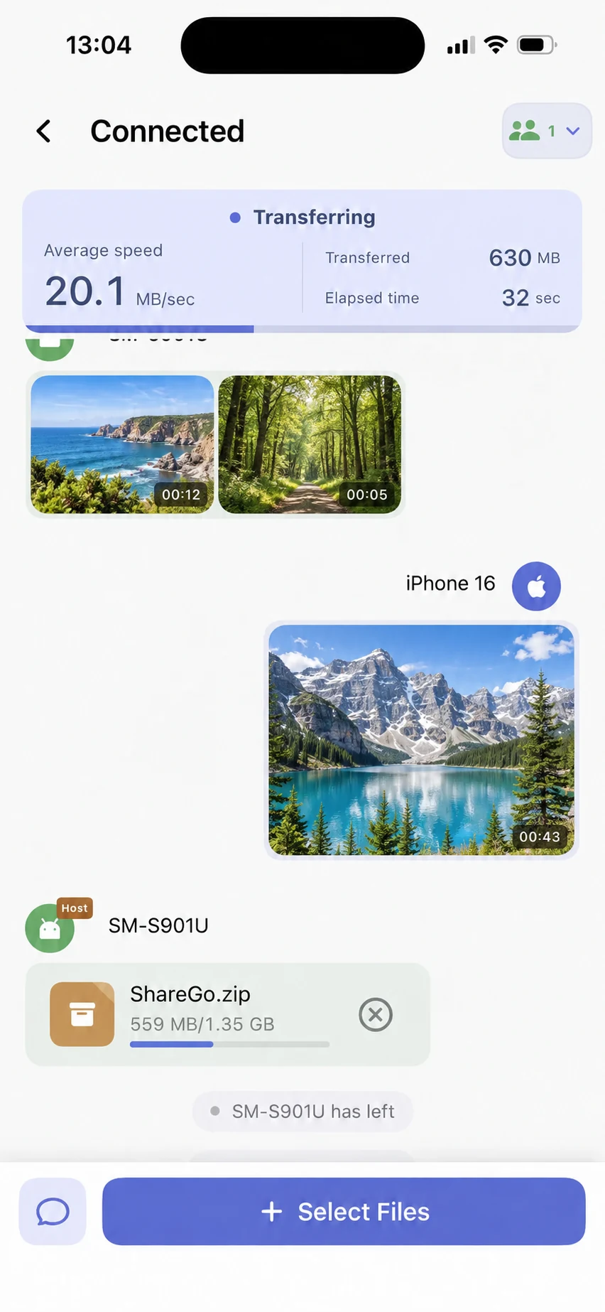 ShareGo on iPhone showing an active file transfer, transferred bytes, elapsed time, and average speed