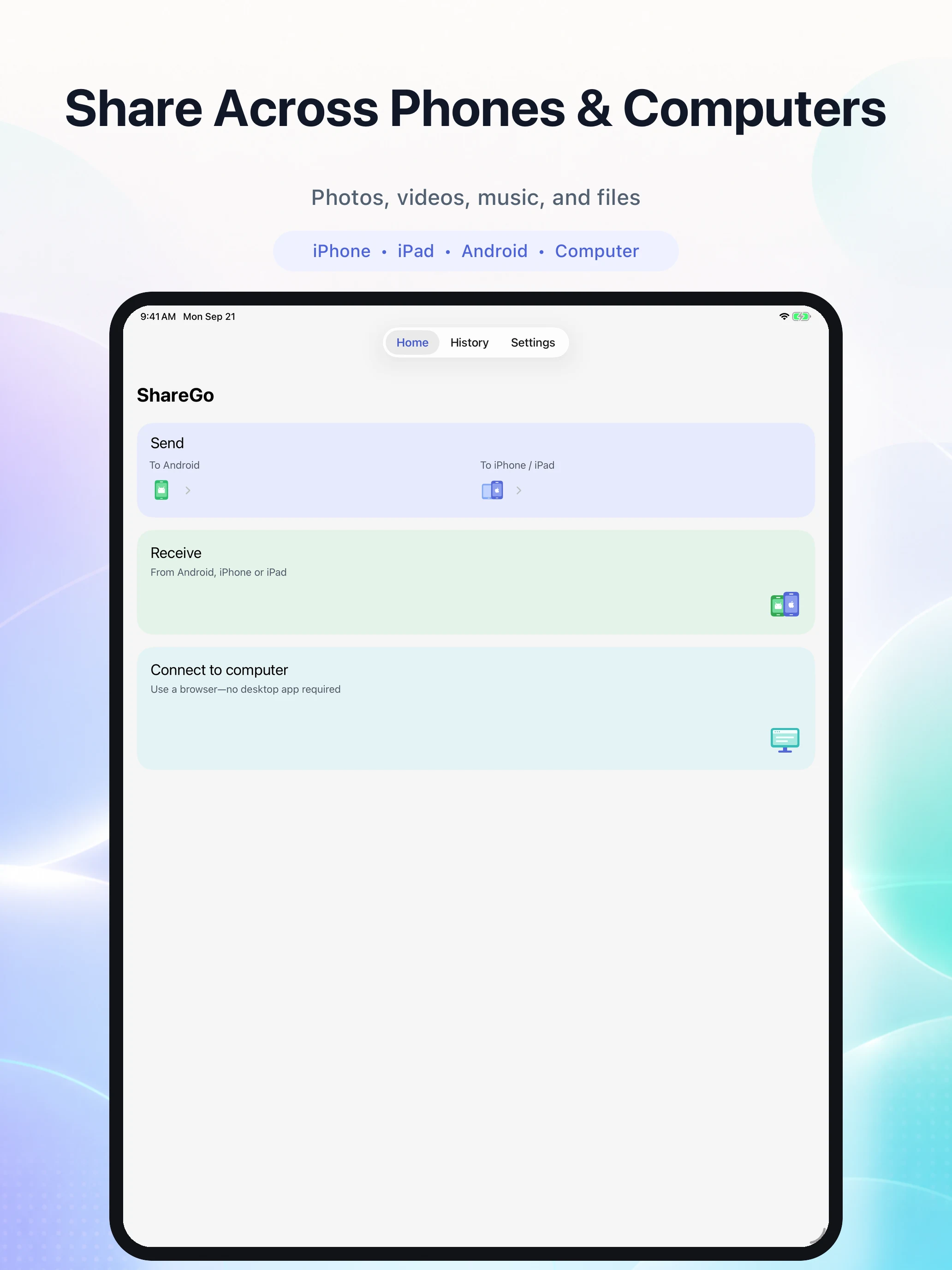 ShareGo iPad store artwork showing the tablet home layout with Send, Receive, and Connect to computer